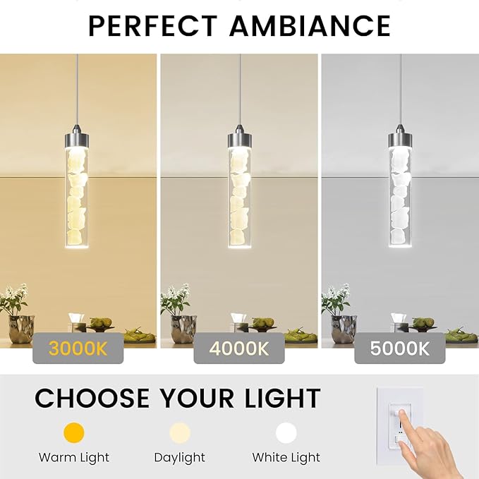 Pendant Lights Kitchen Island, Modern Mini Pendant Light Fixtures with Crystal Stone, Dimmable LED Chandelier, Chrome Hanging Light Fixture for Dining Room Hallway, 3000K/4000K/5000K Adjustable, ETL