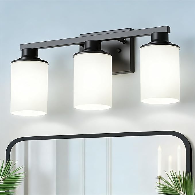 DORESshop 17 Inch Bathroom Light Fixtures, 3-Light Black Bathroom Vanity Light Over Mirror with Milk Glass Shade, Vanity Lights for Living Room Bedroom