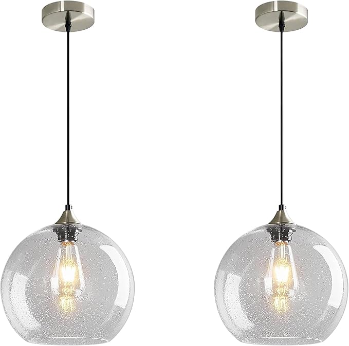 Modern 2-Pack Glass Globe Pendant Lights, Clear Modern Pendant Lighting for Kitchen Island, Clear Glass Hanging Lamps for Dining Room Living Room Bedroom, Large 9.85 Inch Fixture (Bulbs Not Included)