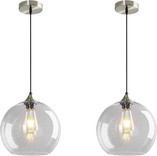 Modern 2-Pack Glass Globe Pendant Lights, Clear Modern Pendant Lighting for Kitchen Island, Clear Glass Hanging Lamps for Dining Room Living Room Bedroom, Large 9.85 Inch Fixture (Bulbs Not Included)