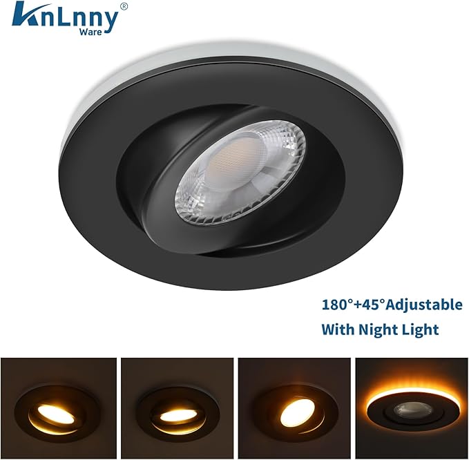 KnLnny Ware Black Gimbal recessed Lights 4 Inch with Night Light 6 Pack, Gimbal canless recessed Lights with Junction Box,9W 750LM,Dimmable,5CCT Selectable,Air Tight