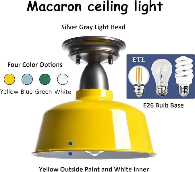 Yellow Ceiling Light Fixture Macarons Indoor Ceiling Lights for Hallway Laundry Basement 10 in Barn Style Kitchen Light Fixtures Outdoor Ceiling Lights for Porch…