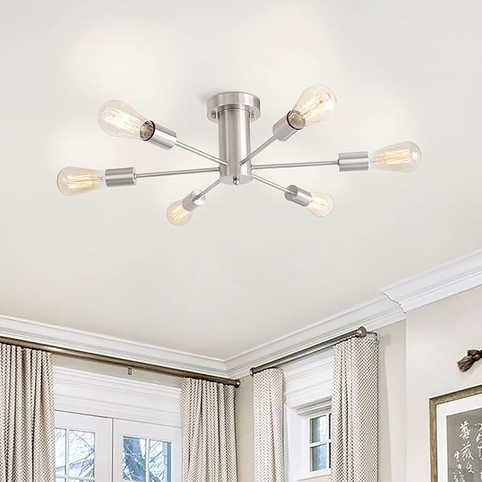 Kitchen Light Fixtures 6 Lights Ceiling Lights Fixture Nickel Modern Semi Flush Mount Lighting Sputnik Chandelier for Bedroom Dining Room Hallway