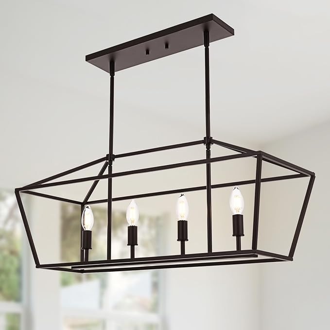 4-Light Kitchen Island Lighting, Dining Room Farmhouse Lantern Chandelier for Over Pool Table Living Room, Pendant Light Fixtures E12 Bulb Base & Oil Rubbed Bronze