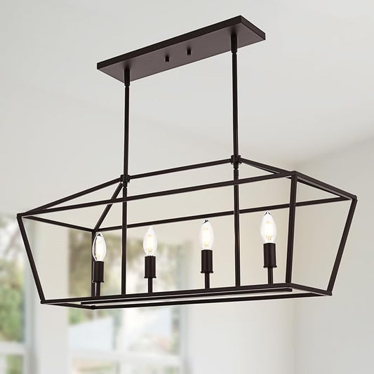 4-Light Kitchen Island Lighting, Dining Room Farmhouse Lantern Chandelier for Over Pool Table Living Room, Pendant Light Fixtures E12 Bulb Base & Oil Rubbed Bronze