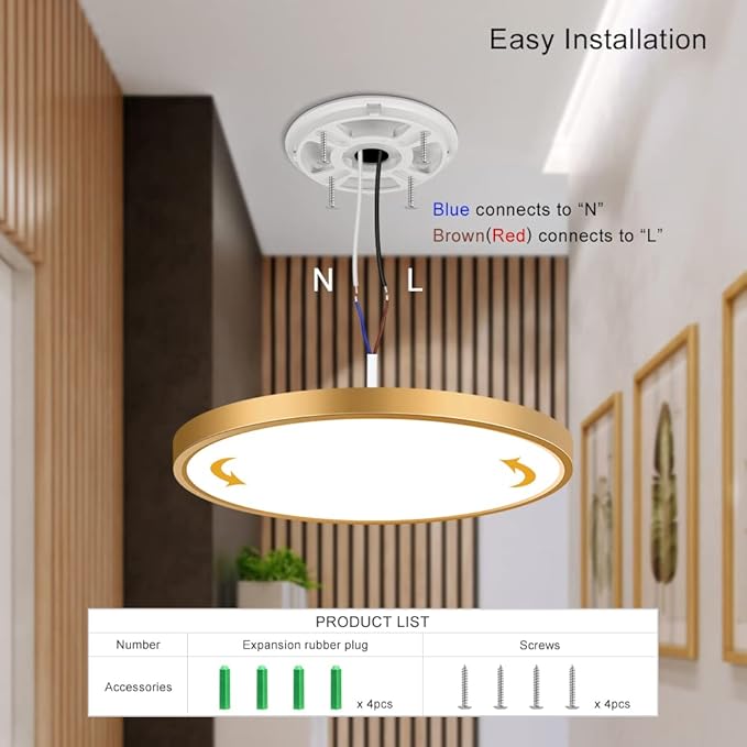 9 Inch Gold LED Flush Mount Ceiling Light, 5000K Daylight White Low Profile LED Ceiling Light, 18W 1800LM, Round Slim Flat Ceiling Lights Fixture for Closets Bedroom Hallway Stairwells Porch