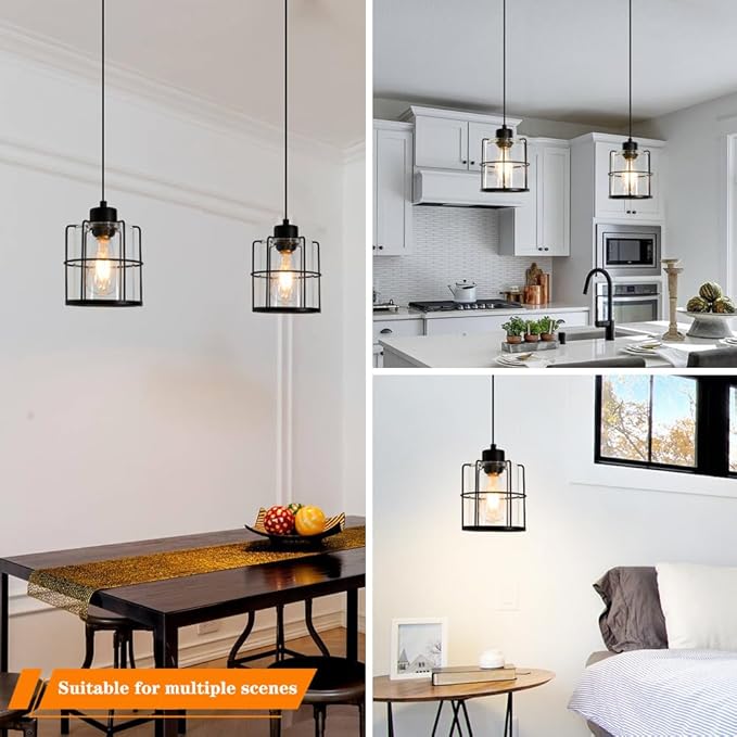 5.91in Industrial Black Pendant Lights Kitchen Island, Glass Island Pendant Lights Set of 2, Small Ceiling Kitchen Island Lights with Adjustable Cord, Farmhouse Hanging Light for Hallway Bathroom