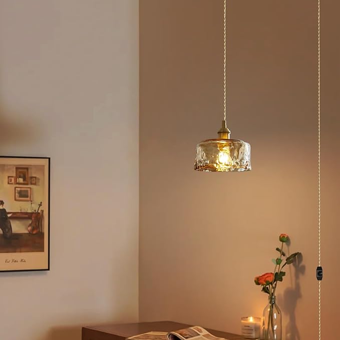 Glass Pendant Lights Kitchen Island Plug in Pendant Light with Dimmable Switch Amber Glass Lampshade for Bedside Dining Room Foyer, Brass