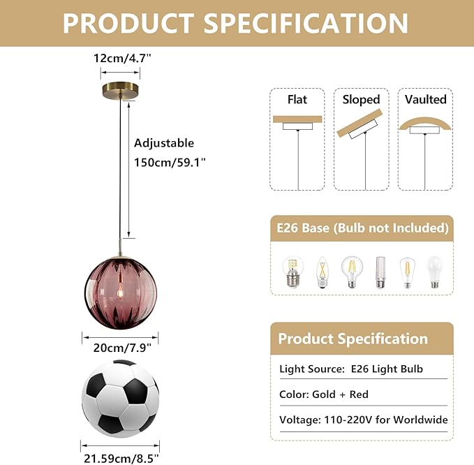 KCO Lighting Modern Large Globe Pendant Light - Vintage Gold Single Pendant - Round Glass - Industrial Kitchen Island & Dining Room Light Fixture (Burgundy-9.8')