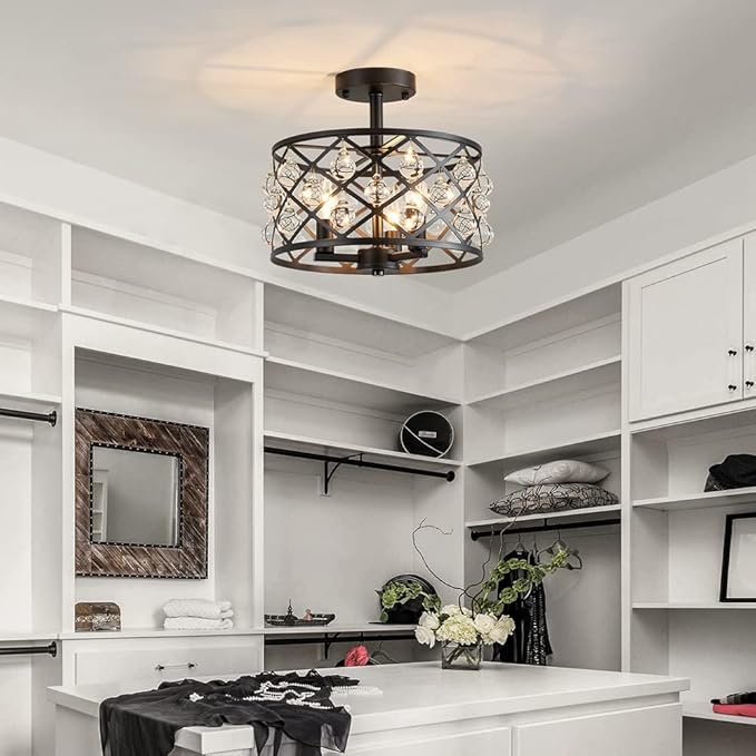 AGV LIGHTING CH013 Farmhouse Semi Flush Mount Ceiling Light Fixture, E12 Base 3-Lights, D13 x H12, Matte Black Finish