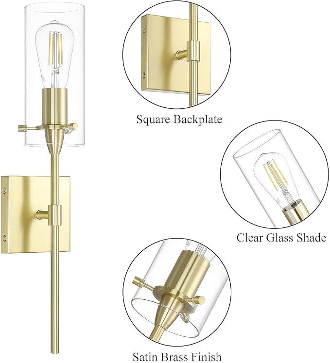 XiNBEi Lighting Brass Wall Sconce Set of 2, Modern Single Bathroom Sconces Wall Lighting Indoor Sconce Bathroom Lighting for Bedroom Vanity & Living Room