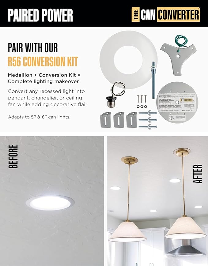 The Can Converter Ceiling Medallion for Recessed Can Light – Home Improvement Decorative Steel Flat Goof Ring & Cover Plate for 5" & 6" Cans, Small Ceiling Medallion for Chandeliers & Pendants