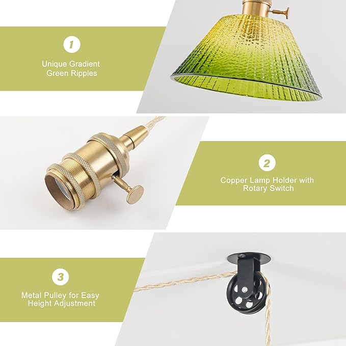 Plug in Pendant Light Vintage, Dimmable Pulley Hanging Lamp with Gradient Green Glass Shade, Brass Hanging Lights with Plug in Cord for Living Room, Compatible with Indoor Plant Grow Light Bulbs