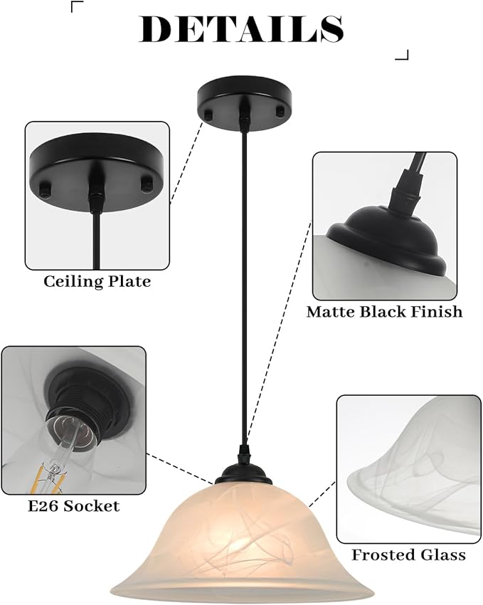 Kitchen Pendant Lights Over Island, 11.8 Inch Alabaster Pendant Light with Frosted, Glass Kitchen Hanging Lights 1 Pack, Black Farmhouse Pendant Lights for Kitchen, Dining Room