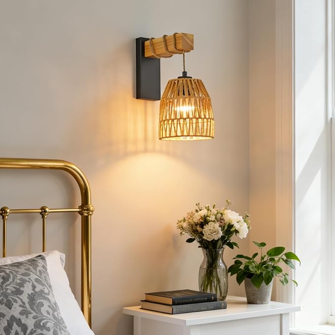 Boho Battery Operated Wall Sconce Set of Two, Rattan Rechargeable Wall Sconces with Remote,Wireless Sconces Set of 2 for Bedroom,Living Room,Entryway 15 Colors Dimmable-Matte Black