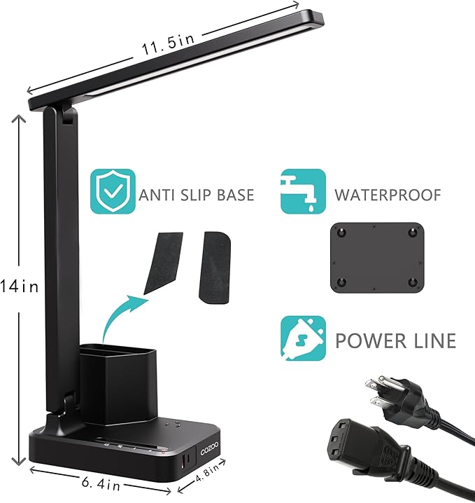 cozoo LED Desk Lamps for Home Office, Modern Dimmable Eye Caring Desk Light with USB Charging Ports AC Outlet, Pen Holder,Touch/Memory/Timer, Kids Small Table Lamp for Reading, Bedroom, Study, Craft