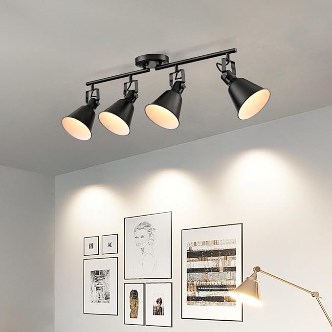 DIRYZON 4-Light Industrial Matte Black Adjustable Round Track Lighting, Semi Flush Mount Ceiling Light with Multi-Directional Heads for Kitchen, Living Room, Bedroom, Hallway, Dimmable