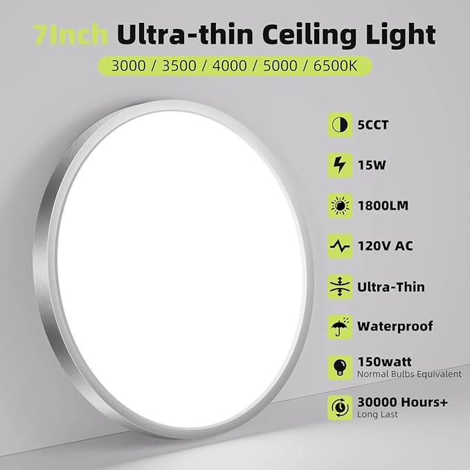 hepside 6PACK Flush Mount LED Ceiling Light Fixture 5CCT 7Inch 15W & 100W Equivalent Closet Light Fixture,Small Round Slim Surface Ceiling Lamp for Hallway,Bathroom,Bedroom,Kitchen,Interior