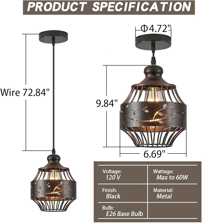 YLONG-ZS Bronze Vintage Hanging Pendant Light Fixture,Rustic Hanging Lamps for Bedroom,Living Room,2PK