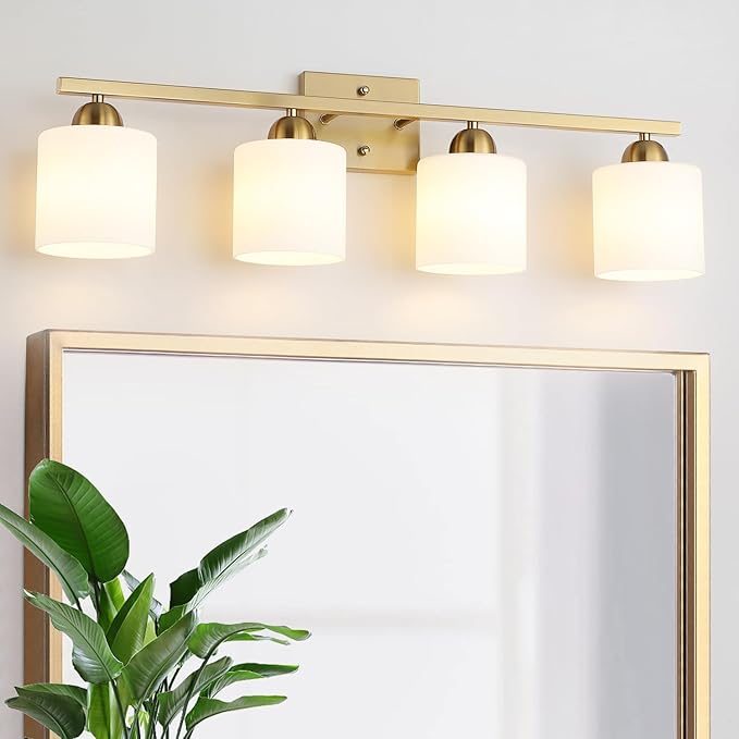 Mecgirn Stainless Steel Milk Glass Vanity Lights for Bathroom, 4 Light Gold Bathroom Light Fixtures Over Mirror, Ceramic E26 Sockets Wall Mounted