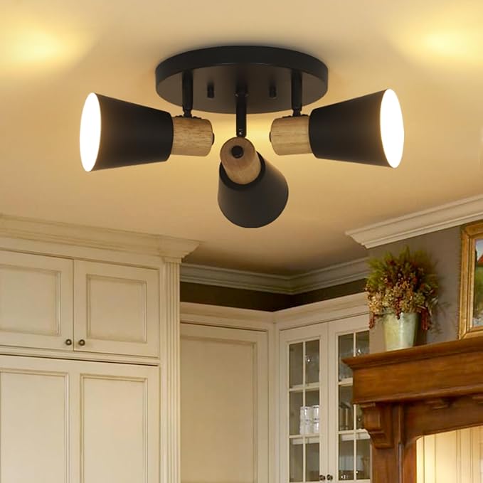 Industrial Flush Mount Ceiling Light Fixture, 3-Lights Multi-Directional Rotating Ceiling Lamp, Metal Black Kitchen Light Fixtures Ceiling Mount, Vintage Bedroom Ceiling Lights for Hallway Living Room