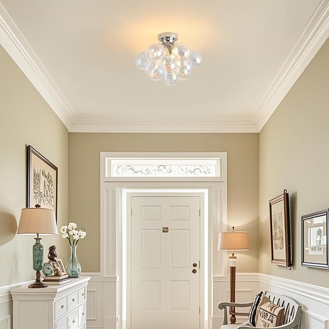 Bubble Light Fixture Flush Mount Ceiling Light Bubble Chandelier 17.7in Blown Glass Semi Flush Mount Chandelier for Bedroom Hallway Entryway Kitchen Foryer Dining Room 1 Pack