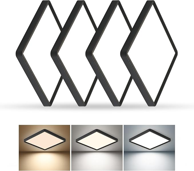 4PK 16 Inch Square LED Flush Mount Ceiling Light, 36W 3600LM, 3000K/4000K/6000K CCT Selectable, Super Slim Low Profile Ceiling Light Firxtue for Bedroom/Kitchen/Living room/Dinning room/Hallway, Black
