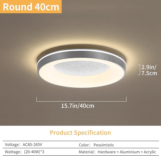 LED Flush Ceiling Light, 15in Grey Round Ceiling Light Dimmable 3000K/4500K/6500K Color Recessed Lamp for Living Room, Bedroom, Office,Hallway