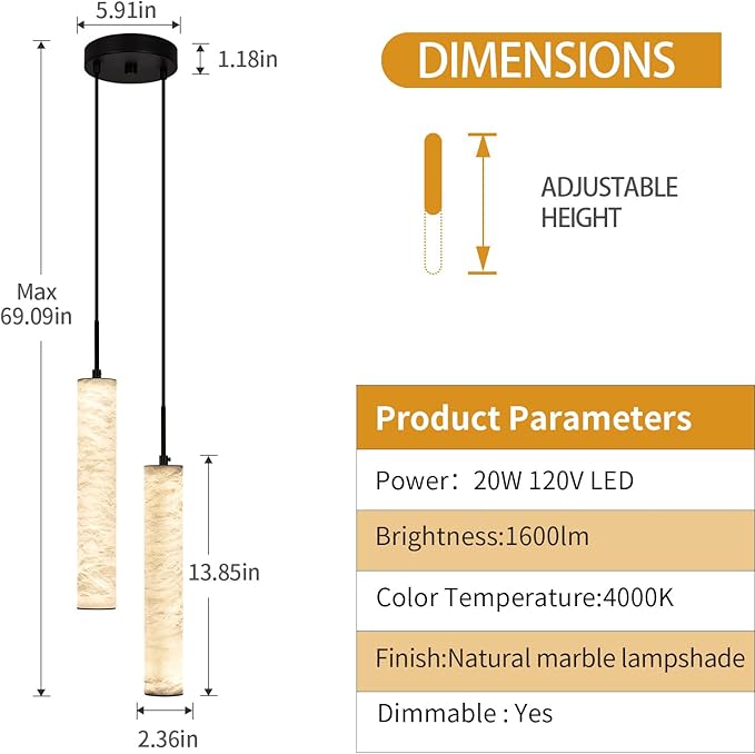 LMQNINE Natural Alabaster Pendant Lights for Kitchen Island White Marble Long Tube Chandelier 4000K Modern Black Ceiling Light Fixtures for Bedroom Dining Room Table Living Room Hallway(M-2Light)