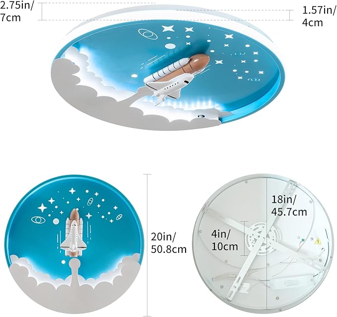 Kids Room Ceiling Lamp 20" Kitchen Ceiling Light with Remote Control 3000k-6000k Blue Cartoon Rocket Semi Flush Mount Ceiling Lights for Bedroom