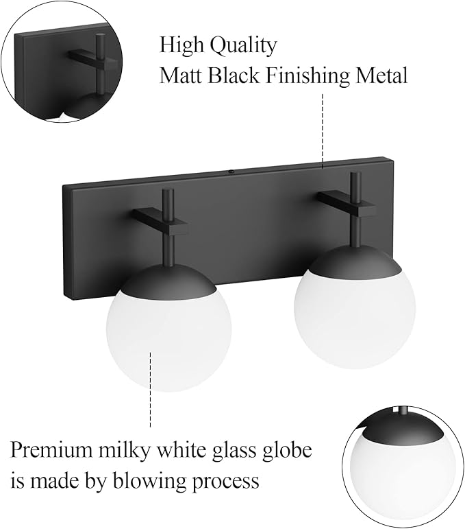 Ralbay Matte Black Bathroom Wall Light Fitures 2-Light Mid Century Modern Bathroom Lighting Black Milky Glass Globe Vanity Light for Bathroom