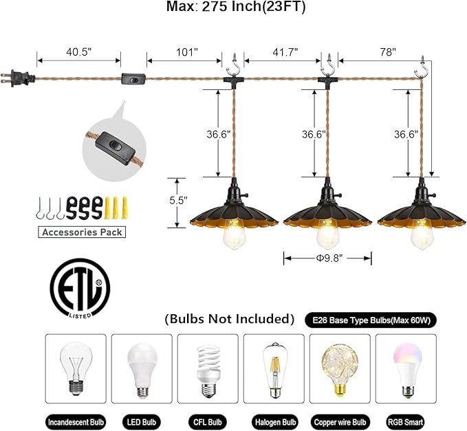 3-Light Plug in Pendant Light Fixtures Chandelier with Switch 22FT Industrial Ceiling Hanging Lamp Cord Farmhouse Cable DIY Including DIY Lotus lampshade