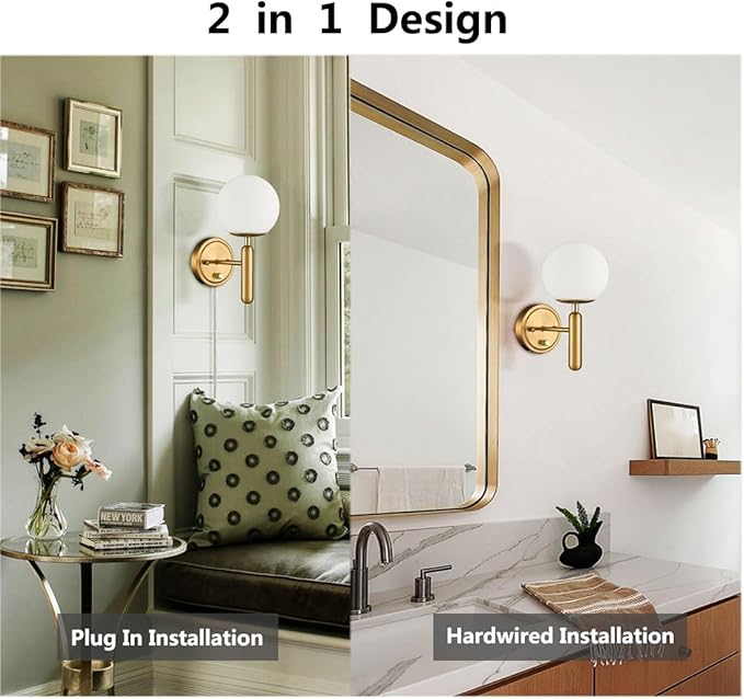 DIRYZON Modern Plug in Wall Light Dimmable Wall Sconces Set of 2 with Switch Brass Wall Sconce for Bedroom Bathroom,Opal Globe Glass