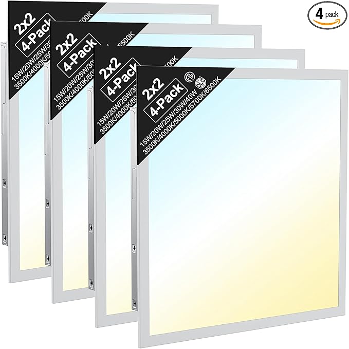 2x2 LED Flat Panel Light, Commercial Drop Ceiling Troffer, 4 Pack, 15W–40W Wattage Selectable, 5CCT 3500K–6500K, 0–10V Dimmable, Flicker-Free, ETL Listed