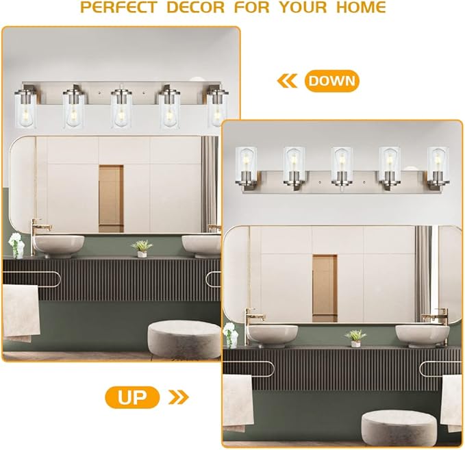 BONLICHT Brushed Nickel Bathroom Light Fixtures 5 Light Modern Vanity Lights Industrial Glass Wall Sconce Farmhouse Bath Lighting Over Mirror Wall Mount for Kitchen Living Room Hallway Workshop
