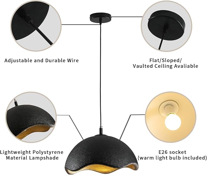 JAYMP 15.7" Modern Pendant Light for Dining Room Kitchen Island Hanging Lamp E26 Base Japanese Wabi-Sabi Style Bird Nest Shape Lighting Fixture, 1 Pack (Black + Gold,D Shape, 40cm/15.7inch)
