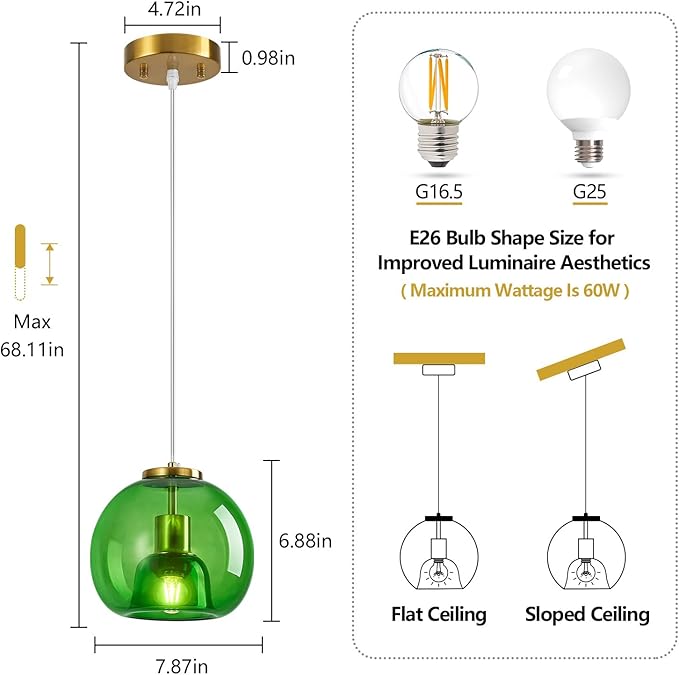 Green Glass Pendant Lights Kitchen Island Gold Hanging Light Fixture Glass Globe Pendant Light Modern Pendant Lighting for Kitchen Island Bedroom Dining Room (7.87", 3 Pack)