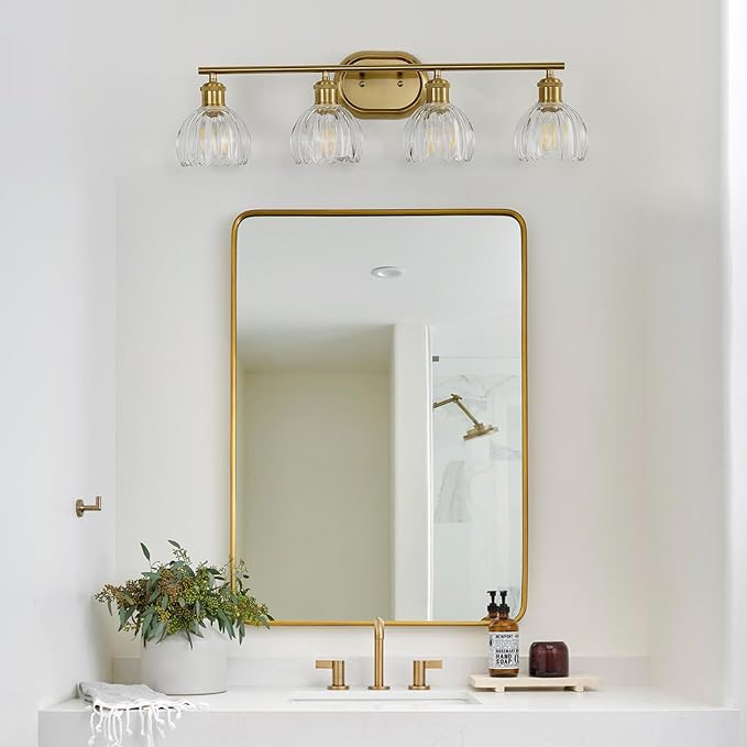 4-Light Bathroom Light Fixtures, Brushed Gold Vanity Lights for Bathroom with Ribbed Clear Tulip Glass Shade, Vintage Wall Scone Lighting Fixture Over Mirror for Bedroom Living Room Hallway
