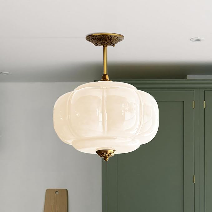 Milk Glass Ceiling Light Fixture - Antique Brass Semi Flush Mount Pendant Light for Kitchen, Hallway, and Bedroom 15 inch (White 15 inch)