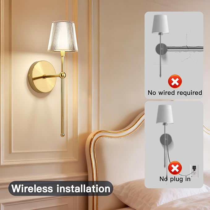 TaoFiaCo Battery Operated Wall Sconces Set of 2, Wireless Wall Sconce with Remote Dimmable Timer, Rechargeable 5200mAh, Cordless Wall Light Gold for Bedroom Living Room, Hallway, Light Decor