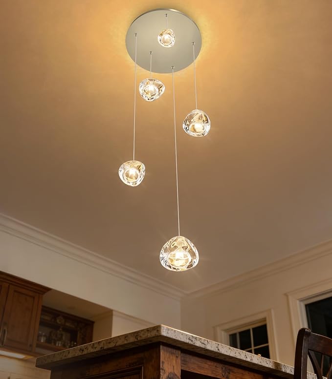 HAIXIANG Modern LED Chandeliers Dining Room Kitchen Pendant Lights Lighting for Island Dimmable Fixtures Floating Bubble Crystal 2700K 6000K Remote Dimming 5-Lights