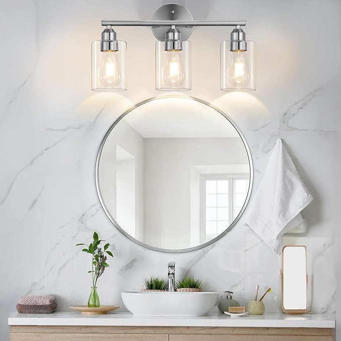 3-Light Bathroom Vanity Light Fixture, Modern Wall Lamp for Mirror with Clear Glass Shade, Silver Finish