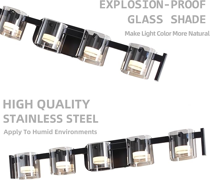 33.4" Modern Black Bathroom Vanity Light 5 Light Bathroom Light fixtures Cordless LED Vanity Light, 3000K/4000K/6000K Adjustable Wall Light with Smoke Gray Glass for Restroom,Bedroom,washroom