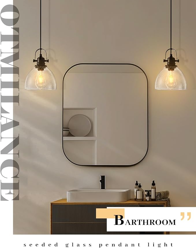 Black Pendant Lights Kitchen Island 2 Pack, 7.5" Seeded Glass Pendant Lights, Vintage Industrial Pendant Light Kitchen Island, Farmhouse Pendant Lighting for Kitchen, Dining Room, Bar, Cafe