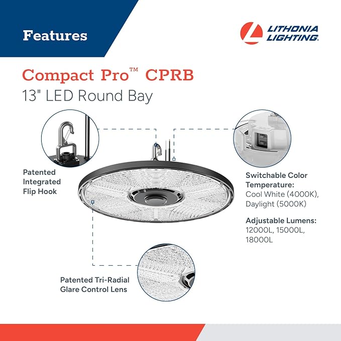 Lithonia Lighting Compact Pro Round LED High Bay Light, Ceiling Lighting Fixture, Adjustable 12000/15000/18000 Lumens, Selectable 4000K/5000K, UVOLT 120–347V, Black (CPRB ALO13 UVOLT SWW9 80CRI DBL)