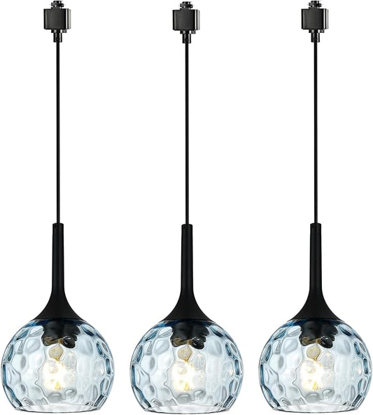 VINLUZ 3 Pack Pendant Light with Blue Round Ribbed Glass Shade, H-Type Track Lighting Fixture Farmhouse Chandelier for Dining Room in Black Finish