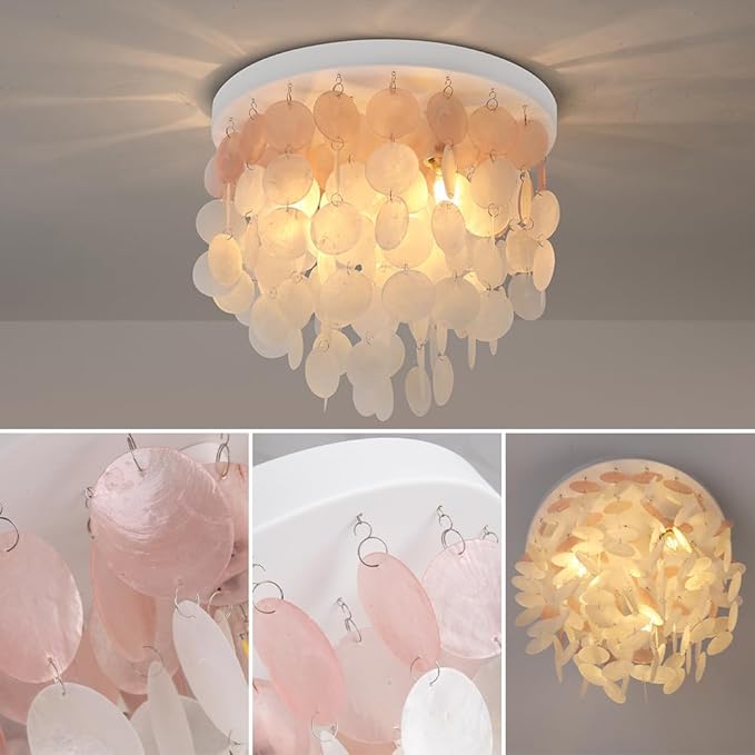 Capiz Shell Close to Ceiling Light 3-Light Coastal Flush Mount Ceiling Light Beachy Seashell Chandelier for Living Room Bedroom Kitchen Island Foyer Entryway White and Pink