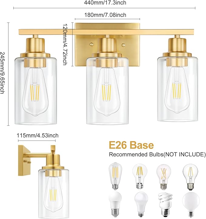 Gold Bathroom Wall Lights Brushed Brass 3-Light Vanity Light Fixtures Modern Wall Sconces with Clear Glass Shade, Bathroom Wall Lamp for Mirror Kitchen Bedroom Hallway Cabinet Porch