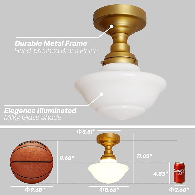 Modern Schoolhouse Semi Flush Mount Ceiling Light with Milk White Glass Lampshade, Industrial Close to Ceiling Light Fixture for Farmhouse Bedroom Hallway Entryway