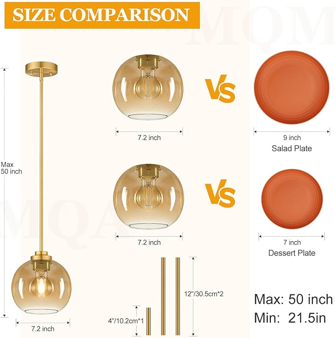 MQMQA 2 Pack 7.2-Inch Globe Pendant Lights, Mid Century Gold Pendant Light Fixtures, Amber Glass Pendant Lights Kitchen Island Adjustable Hanging Fixture for Dining Room Bulbs not Included